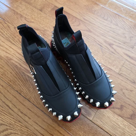 Christian Louboutin Black Sneakers with Red Soles and Silver Spikes - Picture 5 of 12